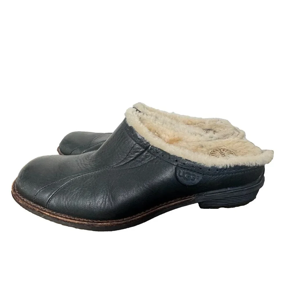 UGG Black Leather Shearling Clogs Women's 8 Slip On Comfort Mules